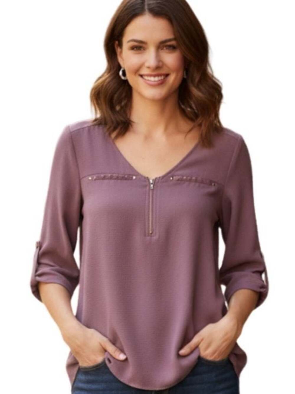 Tempted LA Mauve Zip Front Blouse Small 3/4 Sleeve Roll Tab Casual Top
